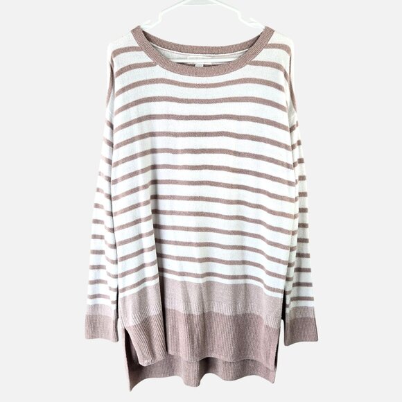 Barefoot Dreams Tunic Sweater Knit Brown White Striped Pullover Cozy Casual Top - Picture 2 of 13